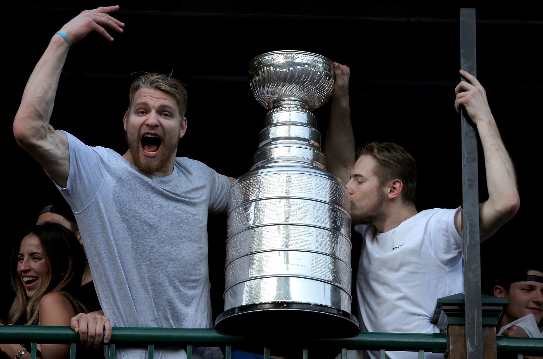 Blues celebrate at O.B. Clark's as fans celebrate with them